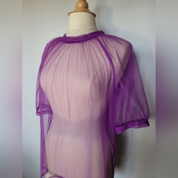 NWT! DKNY Purple Sheer Tulle Overlay Puffy Sleeve Blouse Top SZ M - Picture 4 of 8